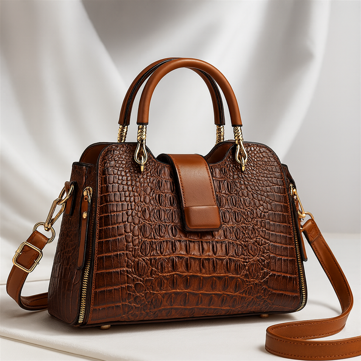 Women's Croc-Embossed Leather Handbag with Gold Hardware | Savona