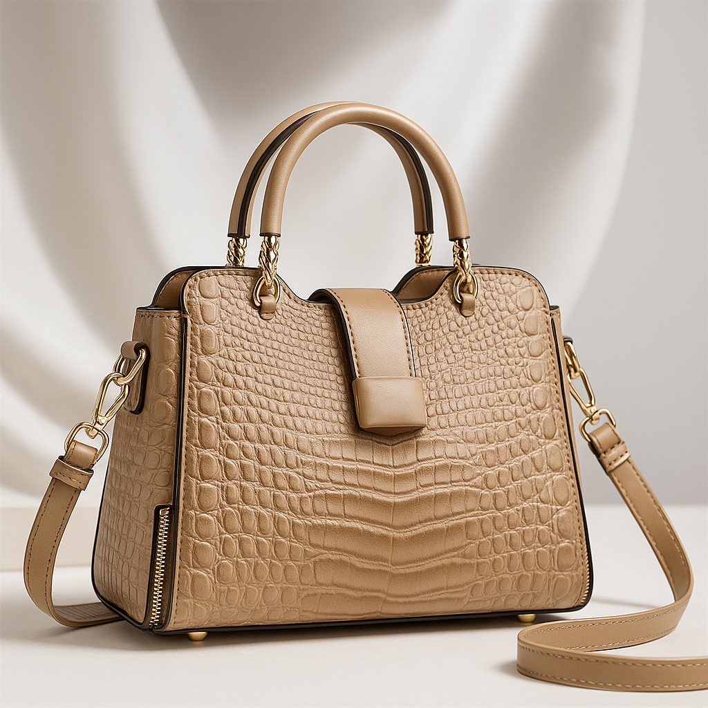 Women's Croc-Embossed Leather Handbag with Gold Hardware | Savona