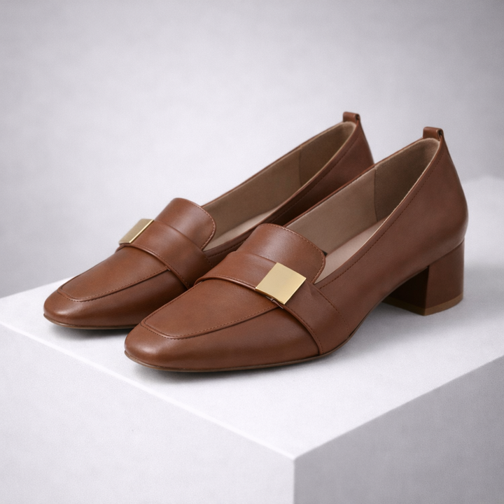 Avelin Women's Italian Leather Block Heels with Gold Accent