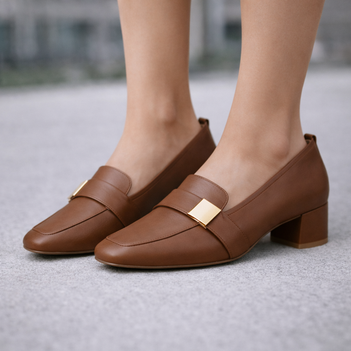 Avelin Women's Italian Leather Block Heels with Gold Accent