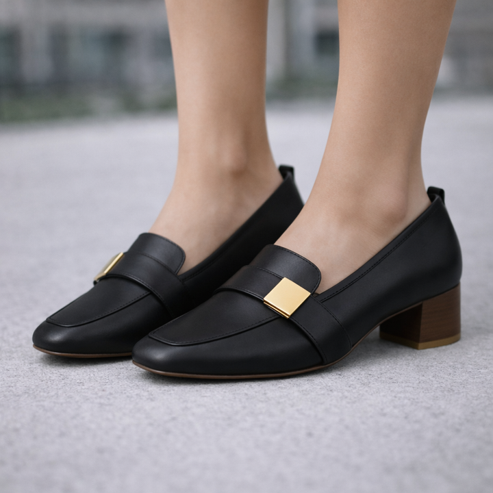 Avelin Women's Italian Leather Block Heels with Gold Accent