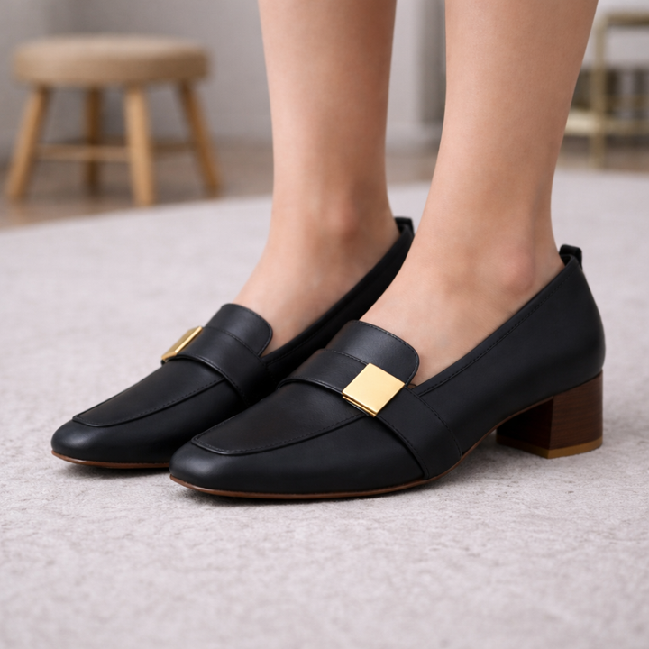 Avelin Women's Italian Leather Block Heels with Gold Accent