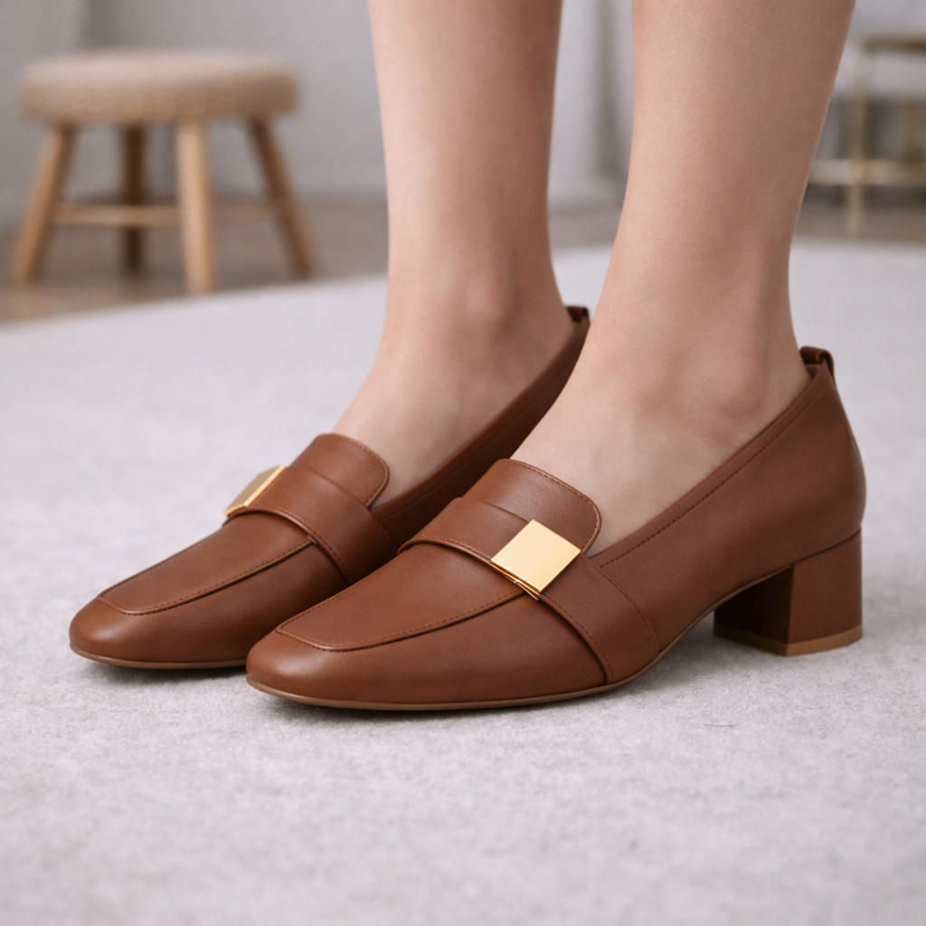 Avelin Women's Italian Leather Block Heels with Gold Accent
