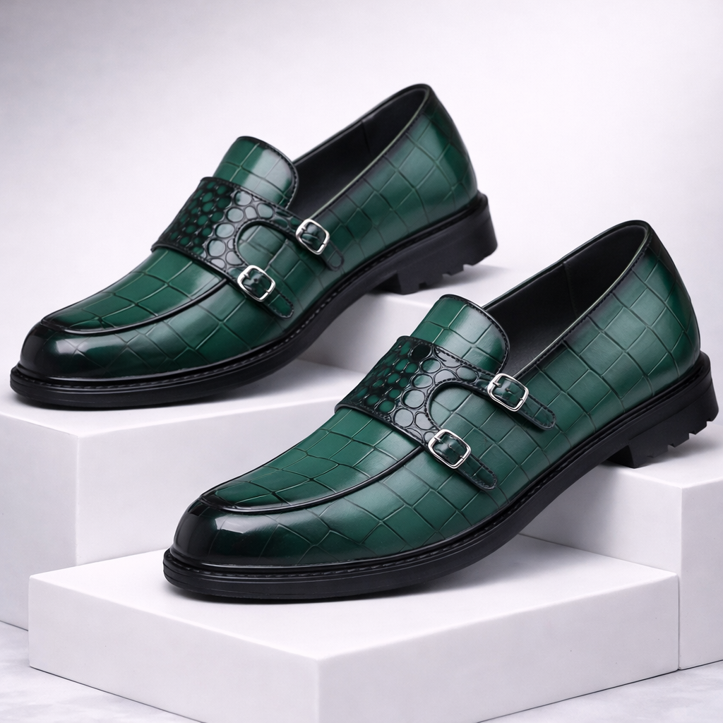 Savonti Men's Croc-Embossed Leather Double Monk Strap Shoes
