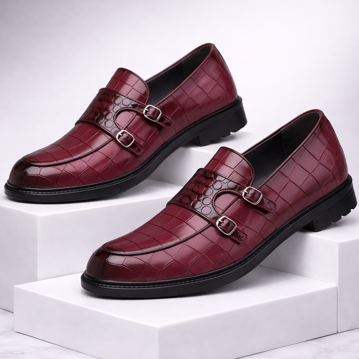 Savonti Men's Croc-Embossed Leather Double Monk Strap Shoes