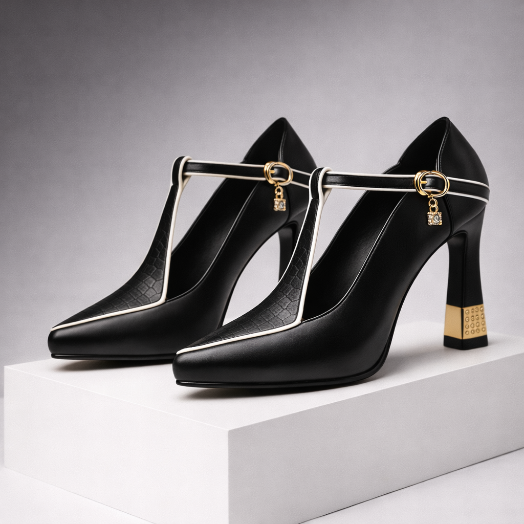 Women's Leather Block Heels with Gold Buckle | Savona