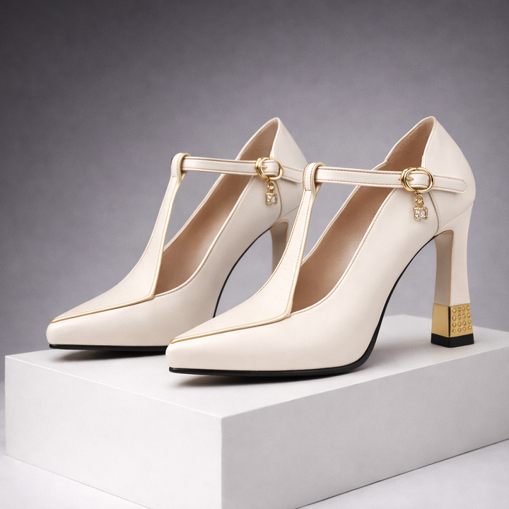 Women's Leather Block Heels with Gold Buckle | Savona