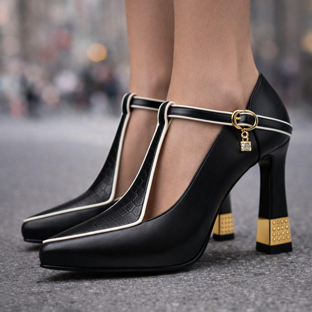 Women's Leather Block Heels with Gold Buckle | Savona
