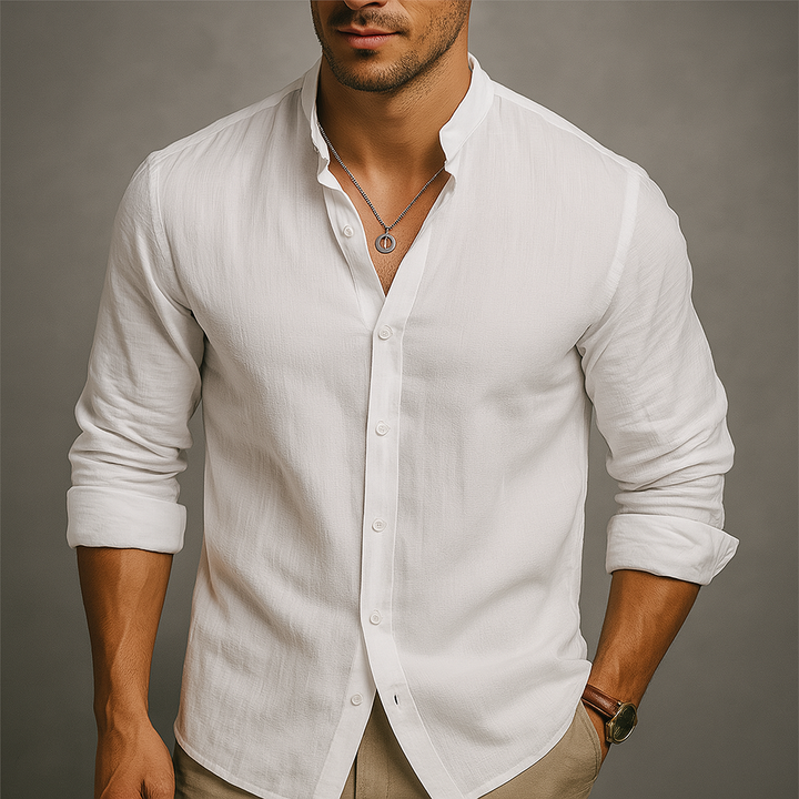 Linen Button-Up Shirt – Men's Band Collar Summer Shirt | Avani