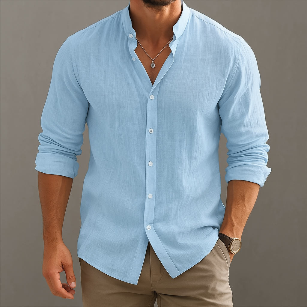 Linen Button-Up Shirt – Men's Band Collar Summer Shirt | Avani