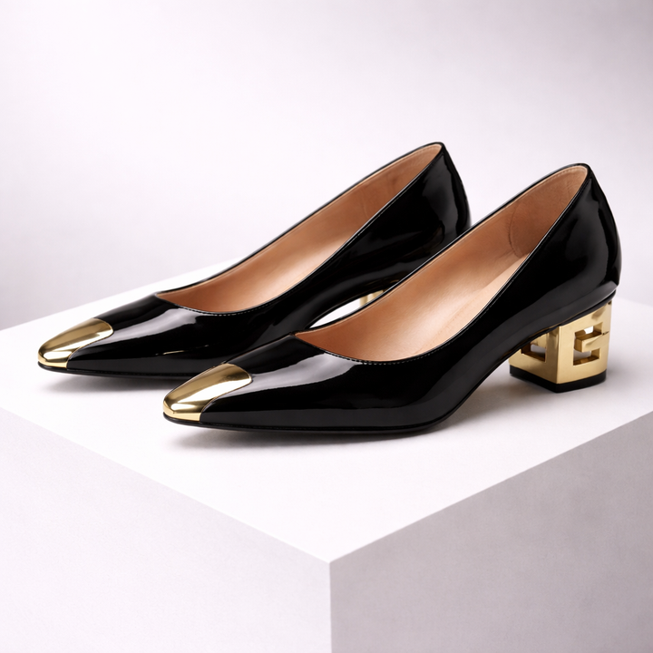 Patent Leather Block Heel Pumps – Women's Gold Toe Dress Heels | Avelin