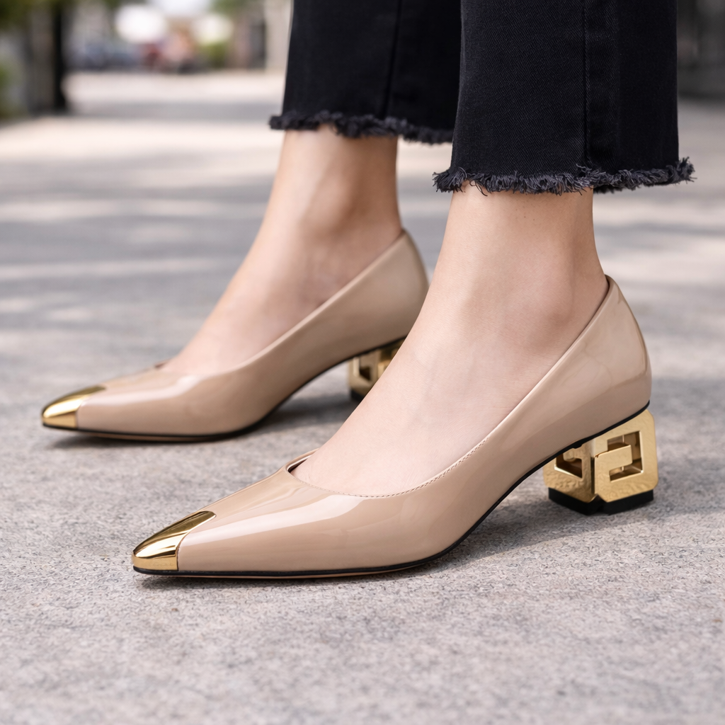 Patent Leather Block Heel Pumps – Women's Gold Toe Dress Heels | Avelin