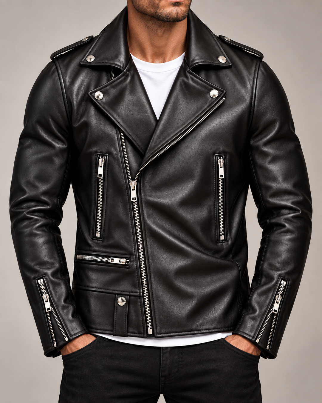Harrison Leather Zip-Up Moto Jacket