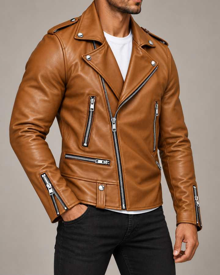 Harrison Leather Zip-Up Moto Jacket