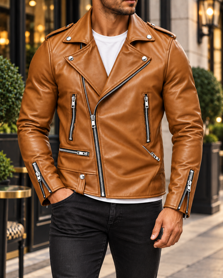 Harrison Leather Zip-Up Moto Jacket