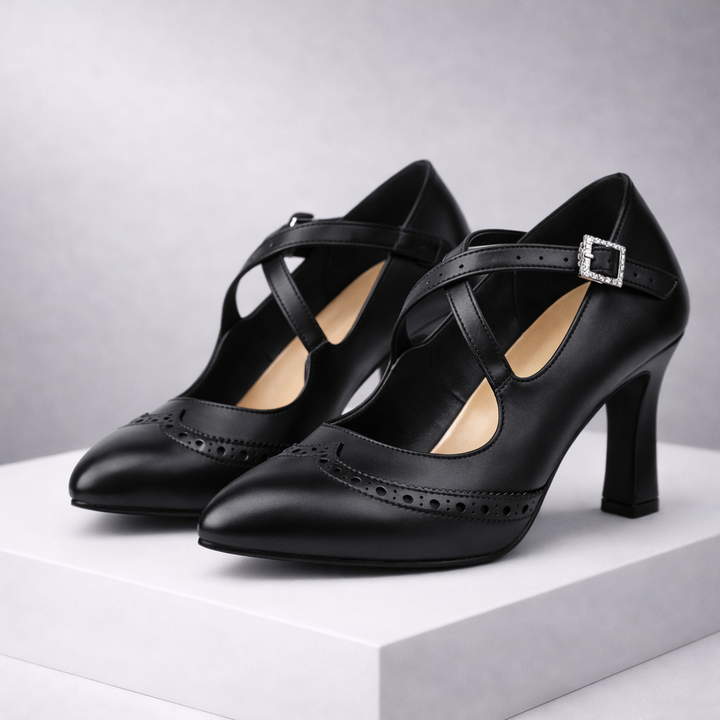 Women's Leather Block Heels with T-Strap | Savona