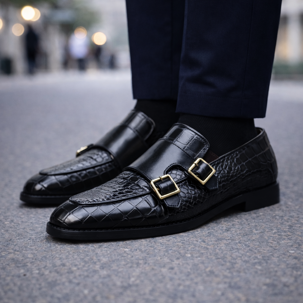 Men's Croc-Embossed Italian Leather Monk Strap Shoes | Savoni