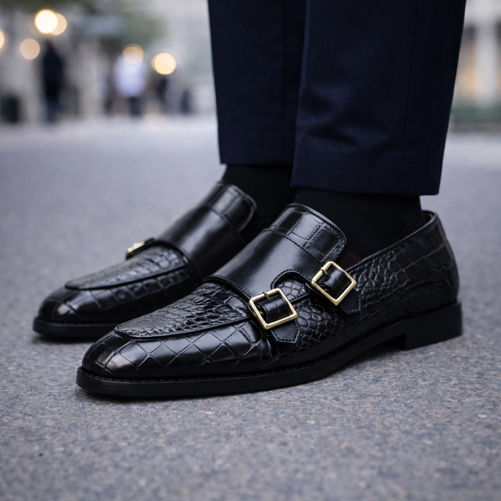 Men's Croc-Embossed Italian Leather Monk Strap Shoes | Savoni