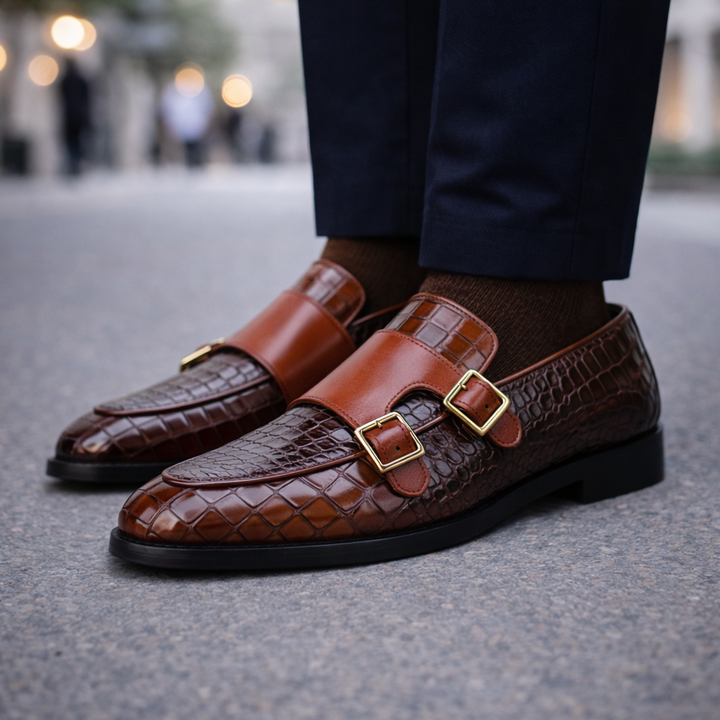 Men's Croc-Embossed Italian Leather Monk Strap Shoes | Savoni