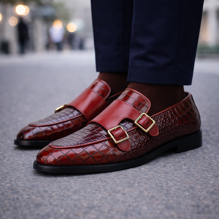 Men's Croc-Embossed Italian Leather Monk Strap Shoes | Savoni