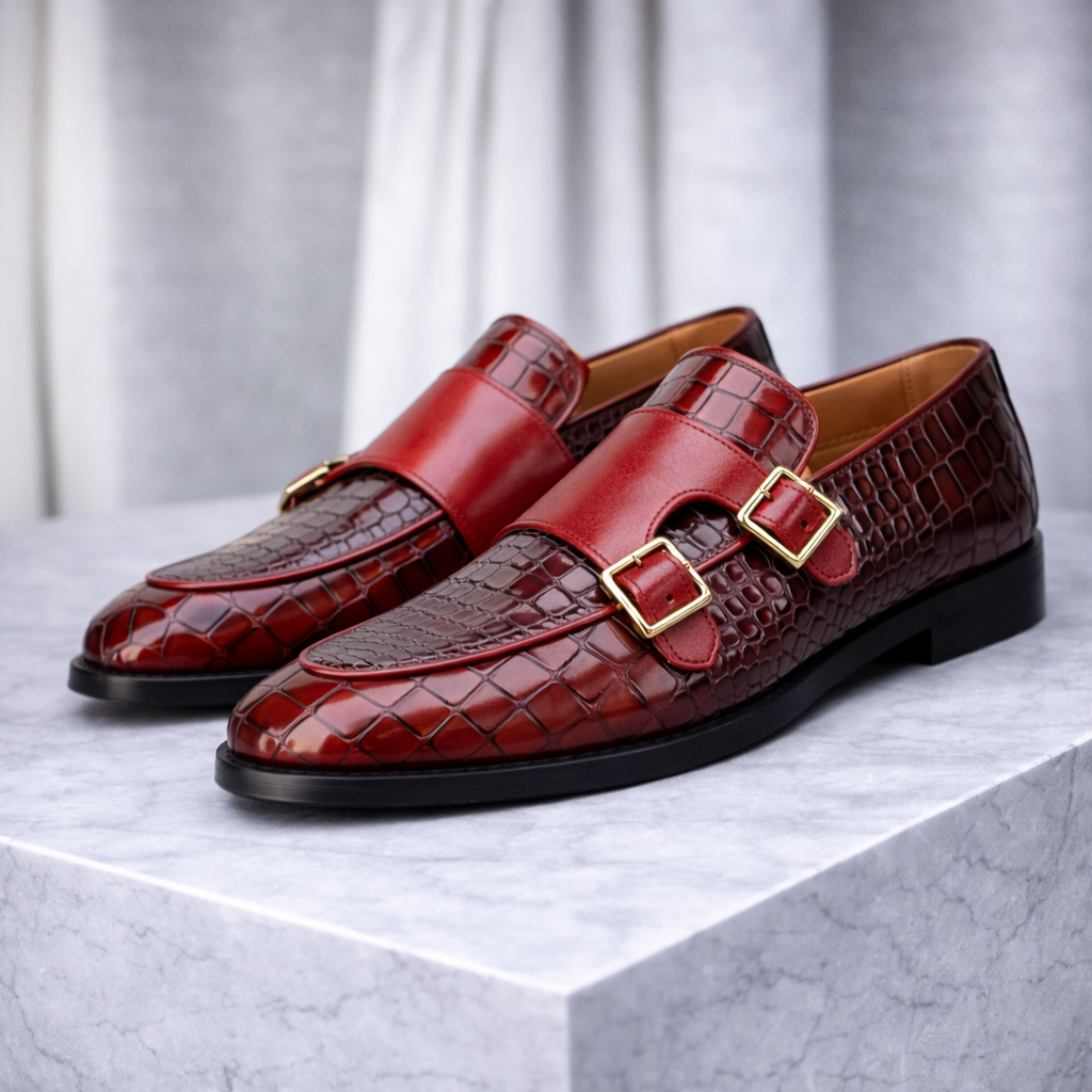 Men's Croc-Embossed Italian Leather Monk Strap Shoes | Savoni