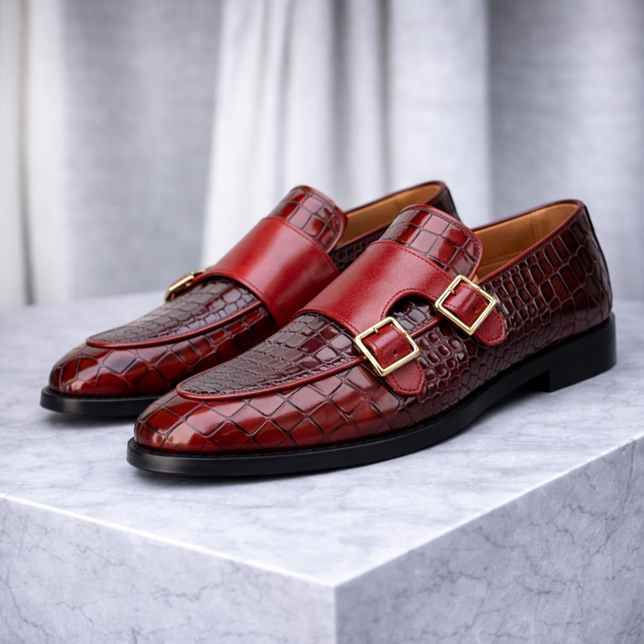 Men's Croc-Embossed Italian Leather Monk Strap Shoes | Savoni