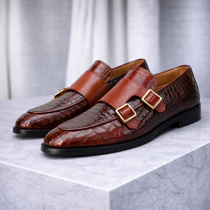 Men's Croc-Embossed Italian Leather Monk Strap Shoes | Savoni