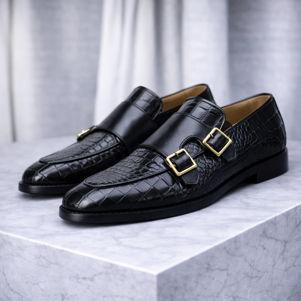 Men's Croc-Embossed Italian Leather Monk Strap Shoes | Savoni