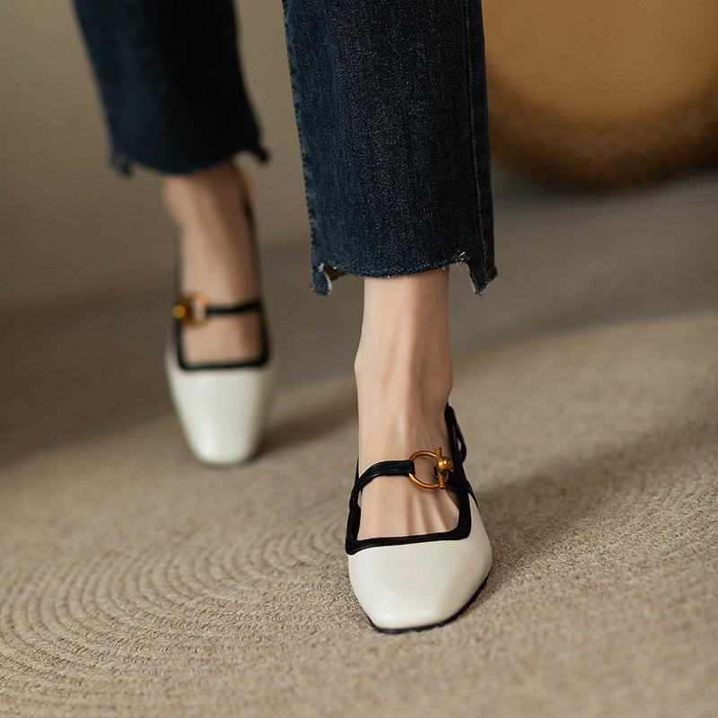 Avelin Women's Italian Leather Block Heels with Gold Buckle