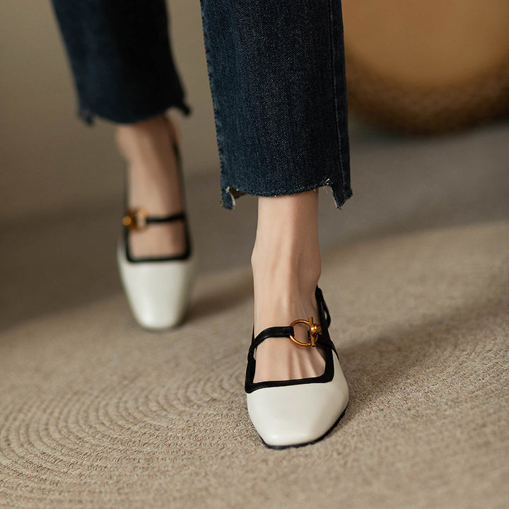 Avelin Women's Italian Leather Block Heels with Gold Buckle
