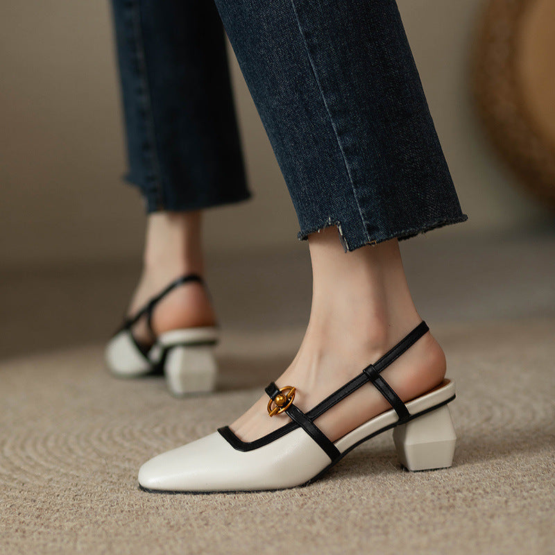 Avelin Women's Italian Leather Block Heels with Gold Buckle