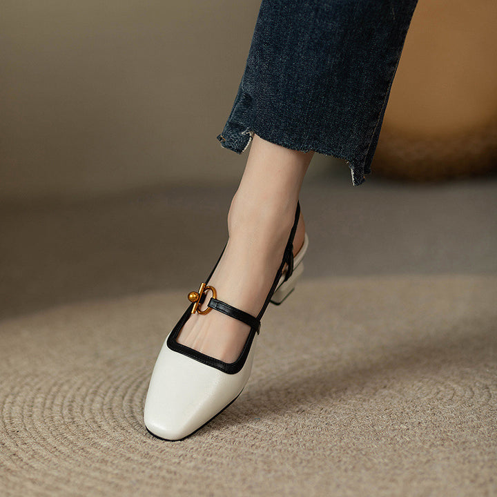 Avelin Women's Italian Leather Block Heels with Gold Buckle