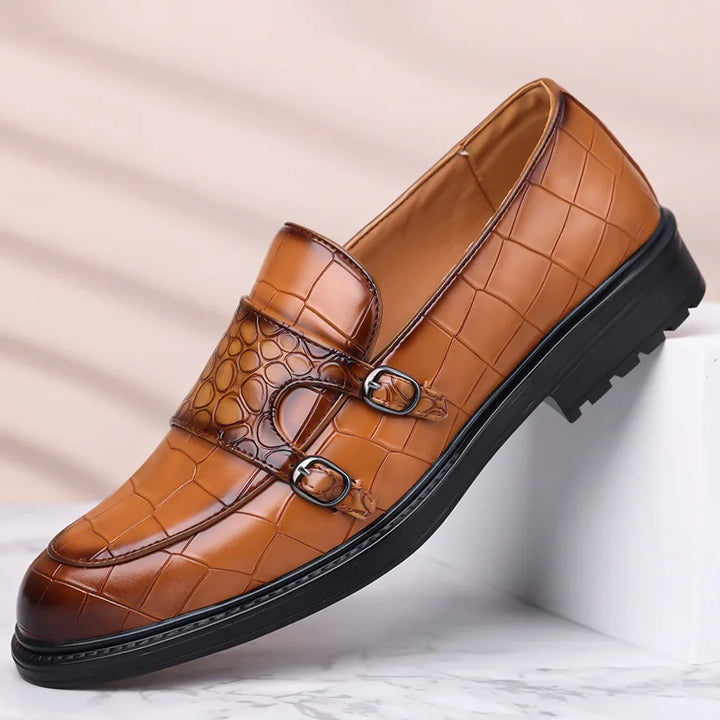 Savonti Men's Croc-Embossed Leather Double Monk Strap Shoes