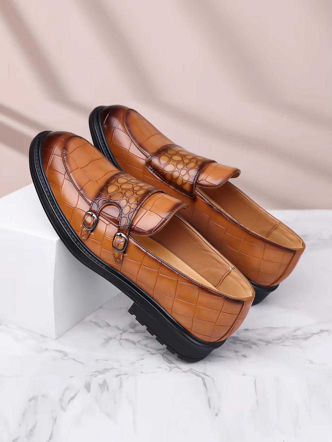 Savonti Men's Croc-Embossed Leather Double Monk Strap Shoes