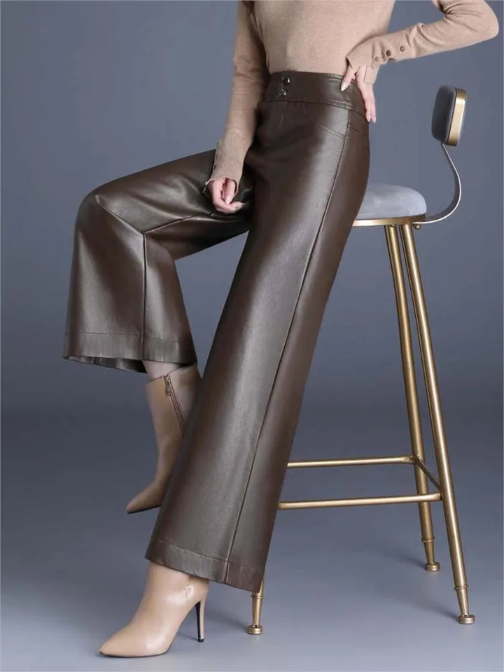 Leather Wide-Leg Pants – Women's High-Rise Glossy Trousers