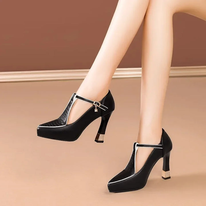 Women's Leather Block Heels with Gold Buckle | Savona