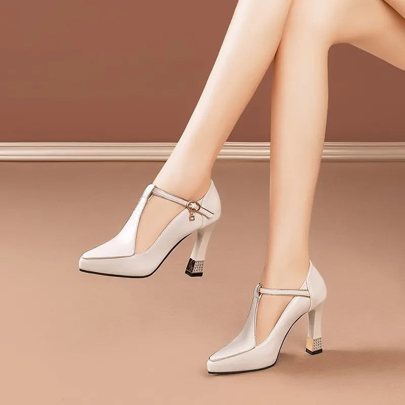 Women's Leather Block Heels with Gold Buckle | Savona
