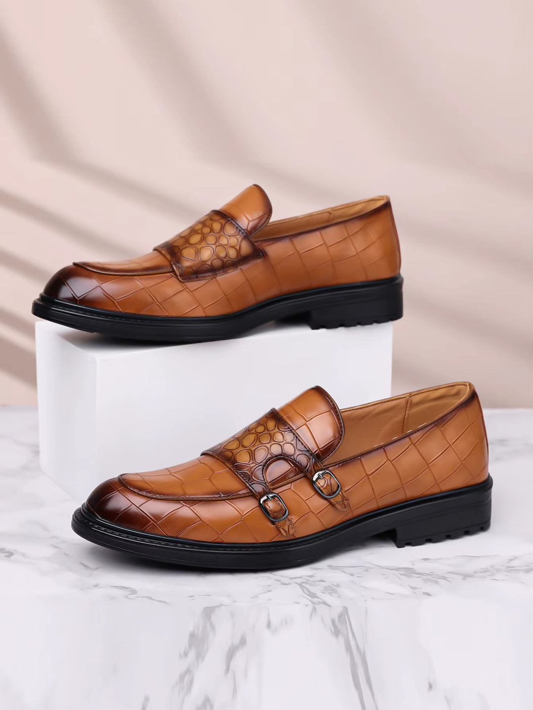 Savonti Men's Croc-Embossed Leather Double Monk Strap Shoes