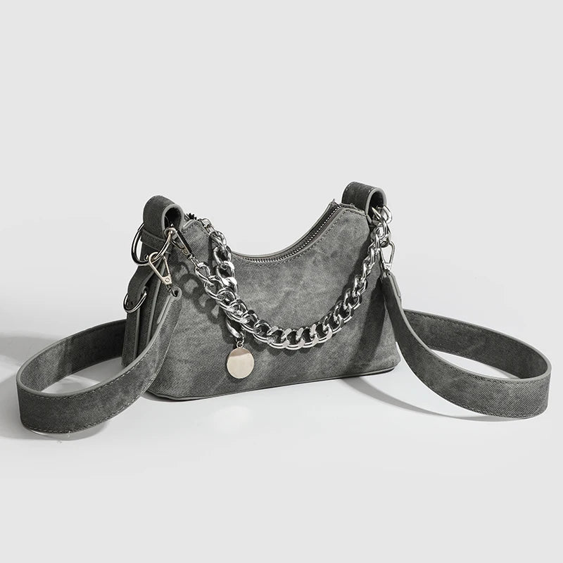 Women's Washed Denim Chain Shoulder Bag | Savona
