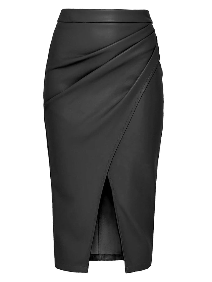 Vegan Leather Wrap Midi Skirt – Women's Front Slit Skirt | Aria