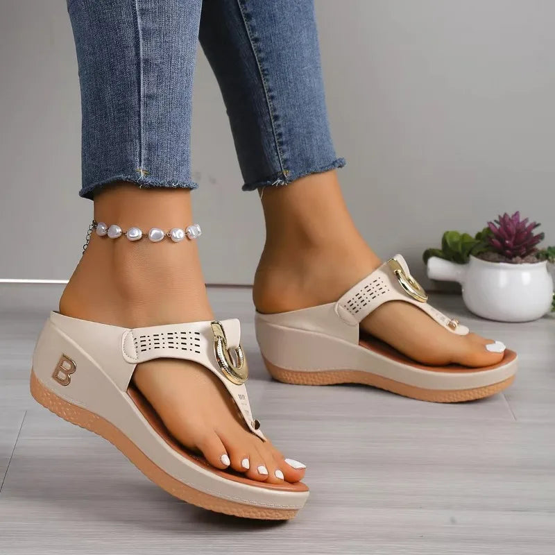 Leather Sandals – Women's Gold Buckle Slip-On | Bellara