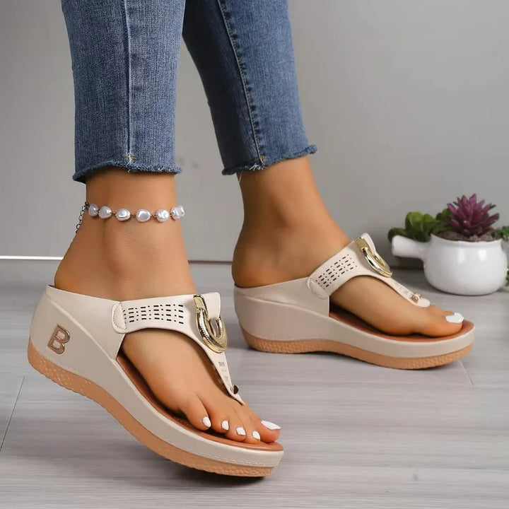 Leather Sandals – Women's Gold Buckle Slip-On | Bellara