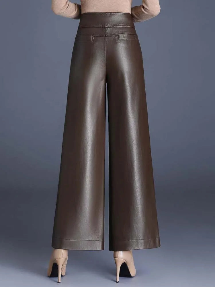 Leather Wide-Leg Pants – Women's High-Rise Glossy Trousers