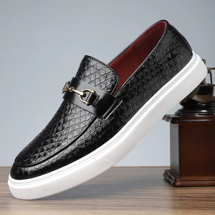 Savino Men's Croc-Embossed Leather Loafers with Gold Horsebit