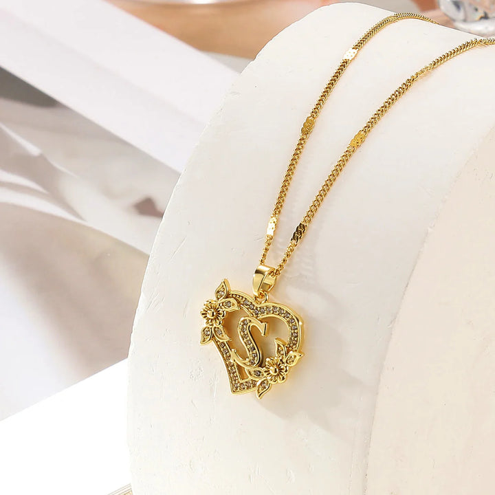 Savona Heart Pendant Initial Necklace with Pavé Stone Accents