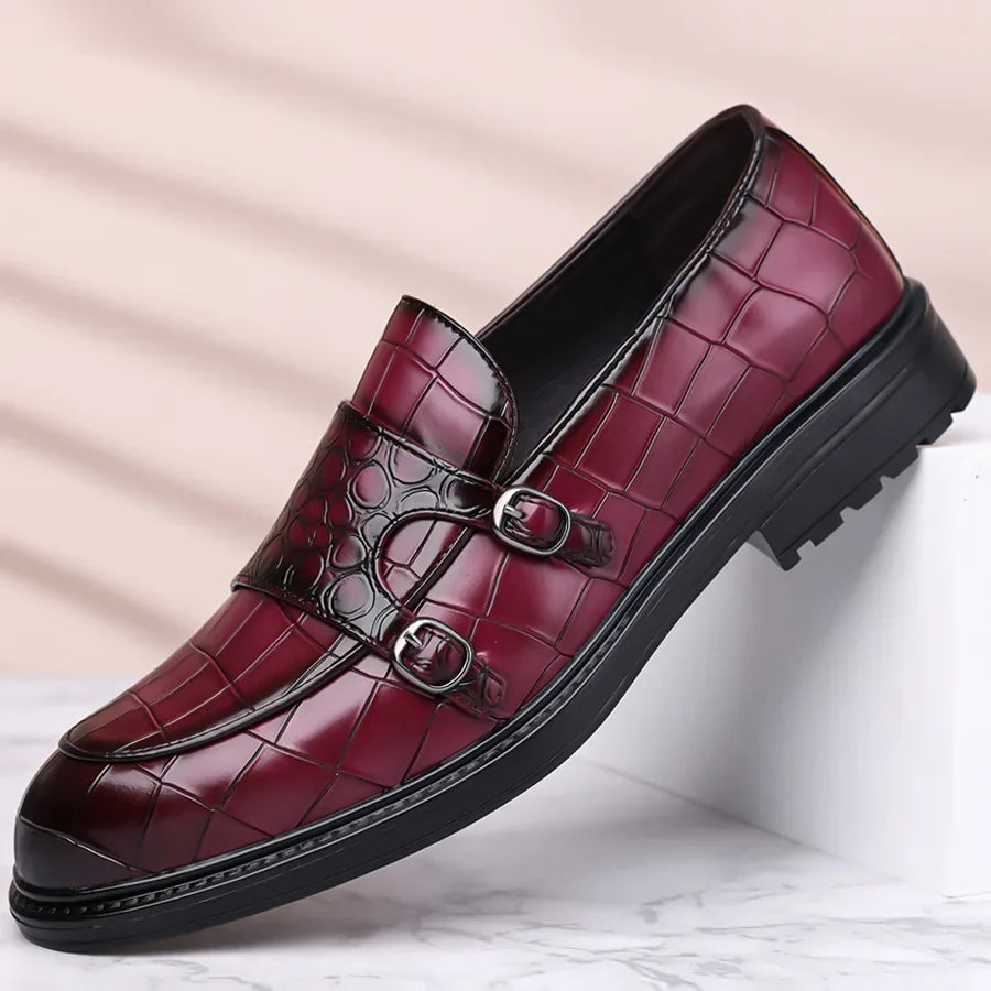 Savonti Men's Croc-Embossed Leather Double Monk Strap Shoes