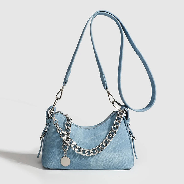 Women's Washed Denim Chain Shoulder Bag | Savona