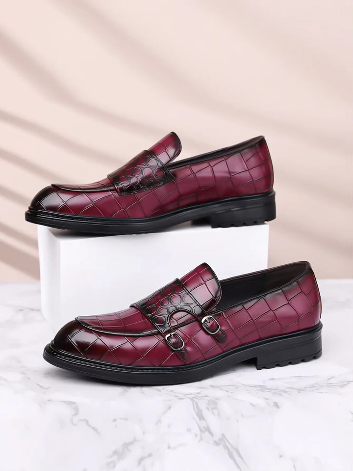 Savonti Men's Croc-Embossed Leather Double Monk Strap Shoes