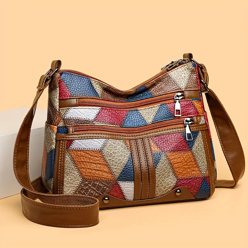 Avelia multicolor leather shoulder bag with patchwork pattern and double front zip pockets