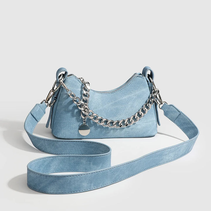 Women's Washed Denim Chain Shoulder Bag | Savona